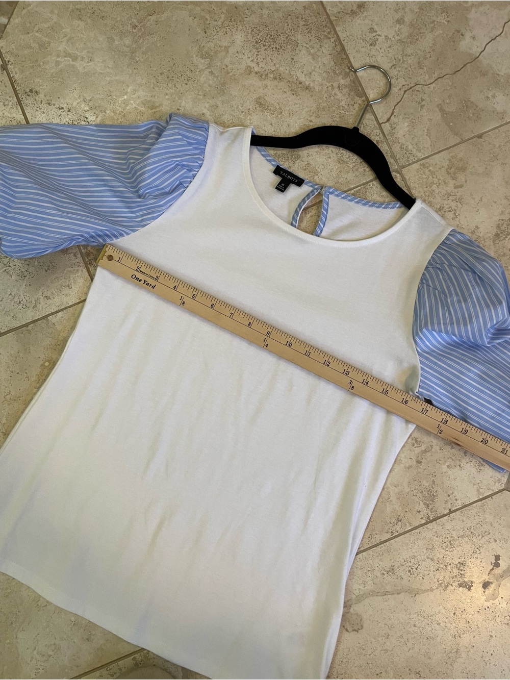Casual White Top with Blue Stripe Puff Sleeves - Picture 5 of 6